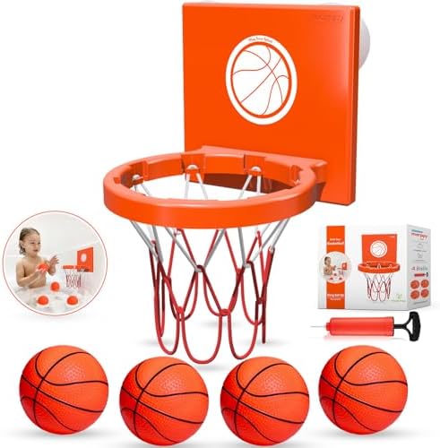 Bath Toys - Bathtub Basketball Hoop for Kids, Toddlers - Suction Cup Basketball Hoop and 4 Soft and No Hole Balls - Baby & Toddler Basketball Hoop - Boys & Girls - Mini Basketball Hoop