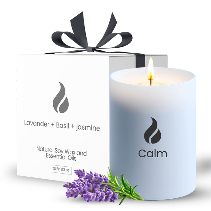 Natur IX Calming Scented Candles for Home | Lavender, Basil & Jasmine Candle | Natural Non Toxic Soy Candles with Essential Oils | 50 H Long Burning | Aromatherapy Candle Jar with Lid - 8.3oz