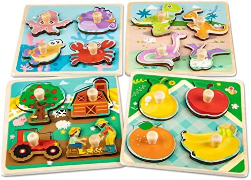 Wooden Toddler Puzzles, Funsland Peg Puzzles Gifts Toys, 4 Pcs Eco Friendly Animal Patterns Jigsaw with Handles, Infant Kid Fine Motor Skill Learning Educational Montessori Puzzles for 1 2 3 Years Old