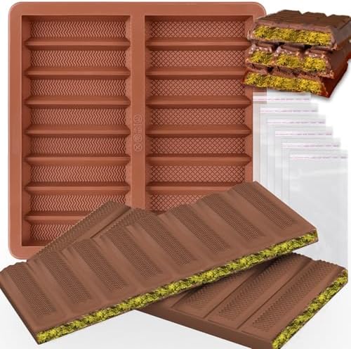 Palksky Lager Chocolate Bar Mold Deep, Dubai Chocolate Bar Pistachio Mold, Thick Silicone Chocolate Molds, Filling Knafeh Pistachio Butter Chocolate Mold with 100Pcs Storage Bags