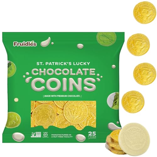 Fruidles St. Patrick's Day White Milk Chocolate Coins, Half-Dollar Gold Foil Coins, Made with Premium Belgian Chocolate, Gluten-Free, Nut-Free, Kosher Certified Dairy (25 Coins)