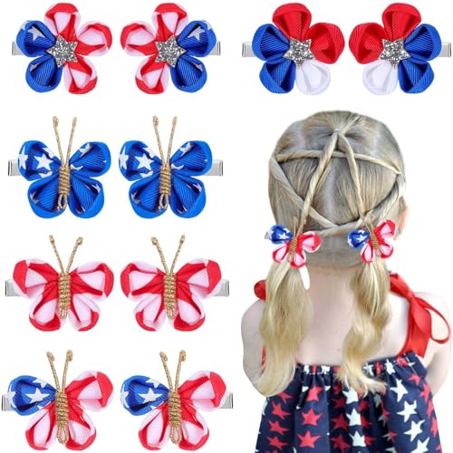 10PCS 4th of July Mini Butterfly Hair Clips, Oaoleer 2" Hair Bow Blue White Red Butterfly American Flag girl Hair Accessories for Baby Girls Women Independence Day