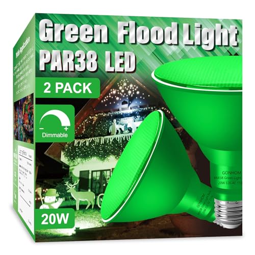 Gonhom 2 Pack PAR38 Green Flood Lights Outdoor,Dimmable Flood Green Light Bulb,20W(Equivalent to 200W),E26 Base Green LED Light,Christmas Light Bulbs,Outdoor Porch,Holiday Lighting,Flood Light Bulb