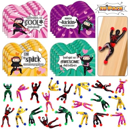 Letapapa 28 Pack Valentine's Day Cards for Kids with Sticky Wall Climbing Men Ninja Toys, Valentines Greeting Cards for Boys Girls School Classroom Gifts Exchange, Valentine's Prizes Party Favors