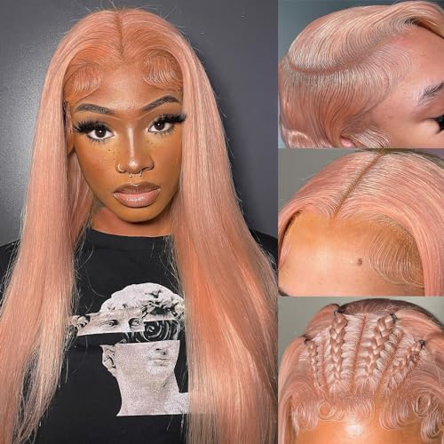 16 Inch Pink Blonde Lace Front Wig Human Hair Rose Gold Human Hair Wigs Pre Plucked 13X4 HD Peachy Blonde Colored Wig Human Hair For Women 150% Density Strawberry Blonde Straight Lace Front Wig