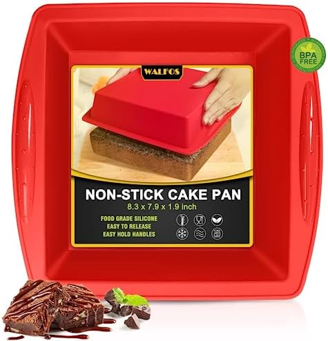 Walfos Silicone Square Cake Pan, 8 inch, Red, BPA Free, Non-Stick, Heat Resistant, Easy to Clean and Store, Ideal for Brownies, Cakes, Bread, Pie, Lasagna, and More