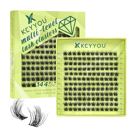 Lash Clusters 3D Effect Eyelash Clusters KEYYOU 144pcs D Curl 10mm Wispy Lashes Fluffy Cluster Lashes Natural Soft DIY Lash Extension(Radiance-D-10)