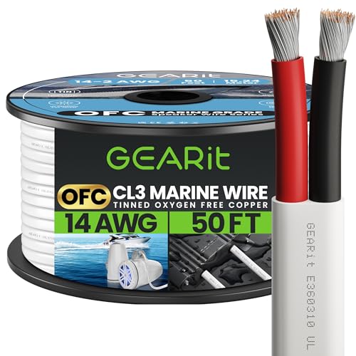 GEARit 14/2 Marine Wire (50 Feet) 14AWG Gauge - Tinned OFC Copper/Marine Grade Speaker Cable/Duplex / 2 Conductors - OFC Oxygen-Free Copper, White 50ft