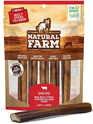 Natural Farm Bully Sticks Stuffed Collagen Sticks for Dogs (6 Inch, 5-Pack), Rawhide-Free Collagen Sticks, Natural Dog Chews, Long Lasting, for Small, Medium and Large Dogs, Great Rawhide Alternative