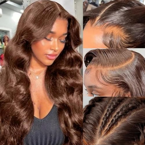 36 Inch Chocolate Brown Body Wave Lace Front Wigs Human Hair 13x6 Lace Front Wig Human Hair 200 Density HD Lace Front Wigs Human Hair for Women Lace Frontal Wigs for Woman Pre Plucked with Baby Hair