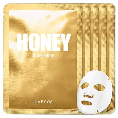 LAPCOS Honey Sheet Mask, Daily Face Mask with Hyaluronic Acid and Antioxidants to Hydrate and Tighten Dry Skin, Korean Beauty Favorite, 5-Pack