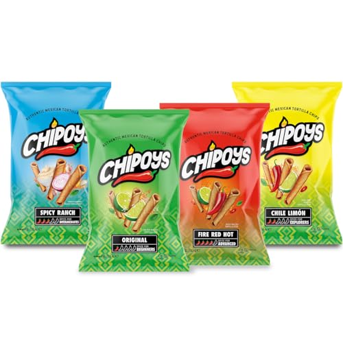Chipoys Variety Pack (Fire Red Hot, Chile Limón, Spicy Ranch, Original) Rolled Corn Tortilla Chips, Gluten-Free, No Trans Fat, High Protein, Low-Calorie Flavorful Mexican Snacks, Made of Premium Crunchy Maiz Chips with Natural Ingredients