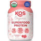 KOS Plant Based Protein Powder, Strawberry and Cream - Organic Pea Protein Blend, Vegan Superfood with 12 Vitamins and Minerals - Made Without Dairy - Meal Replacement for Women & Men, 28 Servings