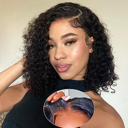 Wear and Go Glueless Wigs Human Hair Pre Plucked Pre Cut 4x4 Lace Front Wigs for Black Women 180% Density Deep Wave Bob Wig Human Hair for Beginners Wigs 6 Inch