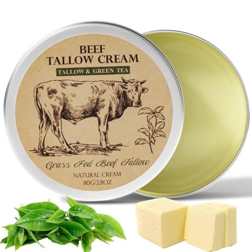 Beef Tallow, Beef Tallow for Skin, Beef Tallow Moisturizer, Organic Beef Tallow Balm for Face Moisturizer Grass Fed for All Purpose Balm, Natural Beef Tallow Lotion for Skin Care (2.5oz), Green Tea