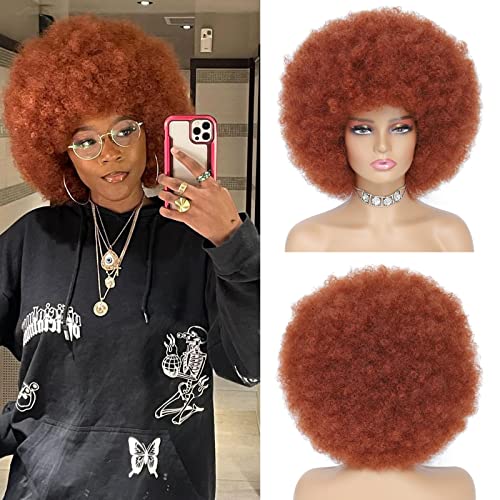 Afro Wig - 70s Auburn Afro Wig For Women Soft Afro Kinky Curly Hair Wigs With Bangs Afro Curly Wig For Men Bouncy Copper Red Afro Puff Wig Synthetic Hair Afro Wig For Daily Party Use