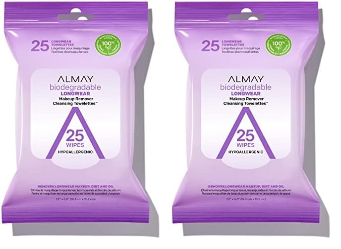 Almay Face Makeup Remover Wipes, Longwear & Waterproof, Hypoallergenic, Fragrance Free, Dermatologist & Ophthalmologist Tested, 25 Count (Pack of 2)