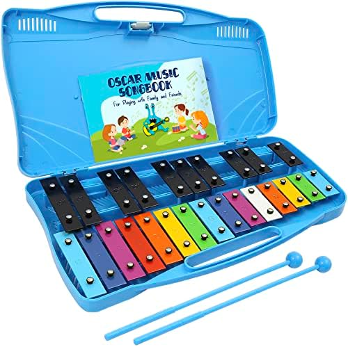 Glockenspiel Xylophone | 25 Note Colorful Metal Keys Xylophone for Kids | Percussion Musical Instrument | Educational Music Toy Includes Music Songbook, Mallets and Blue Carry Case