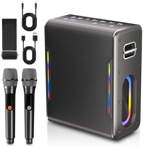 Karaoke Machine with Two Wireless Microphones, Powerful Portable Bluetooth Speaker for Adults & Kids, PA System with 2 Voice Mode, LED Lights, Supports BT/TWS/AUX/USB/TF for Party (Black)
