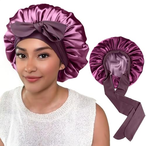 Yanibest Satin Bonnet Silk Bonnet for Sleeping Double Layer Ajustable Satin bonnet for Women Men for Curly Natural Hair with Tie Band