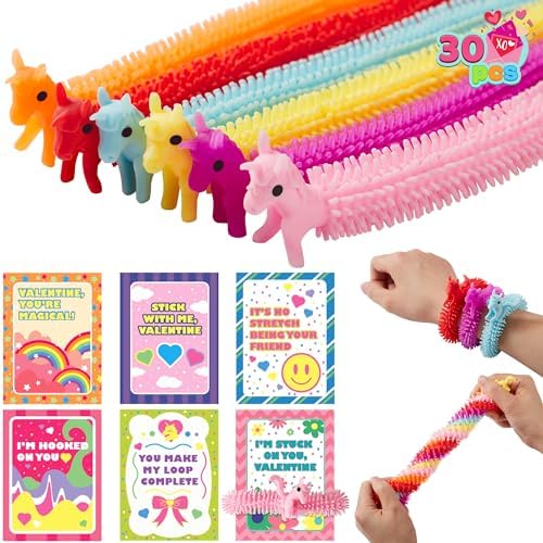 JOYIN 30 Pack Valentine's Day Gift Cards with Multi-color Stretchy String Toys Set, Unicorn Noodle Toys, Stress Relief Fidget Toys for Kids Valentine Party Favors, Classroom Gift Exchange, Game Prize