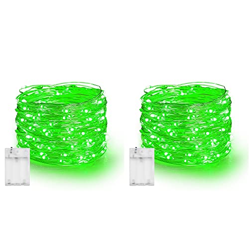 Dazzle Bright Fairy Lights Battery Operated, 2 Pack Total 40FT 120LED Silver Wire Waterproof String Lights, Christmas St. Patrick's Day Decorations for Indoor Outdoor Bedroom Yard Decor, Green