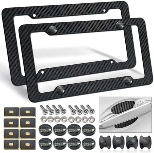 Carbon Fiber License Plate Frames- Black Carbon Pattern Plastic Front & Rear Car Tag Holder Cover 2 Pack, for Men/Women, with Mount Hardware, Screws, Caps, Rattle Proof Pads, Handlebar Stickers