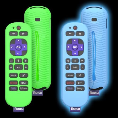 [2 Pcs] Silicone Remote Case Cover for Roku Voice Remote Pro (2nd Ed.), Anti Slip Shockproof Remote Protective Sleeve for RCB1R(2024), Remote Protective Cover Case with Lanyard (Glow Blue+Glow Green)