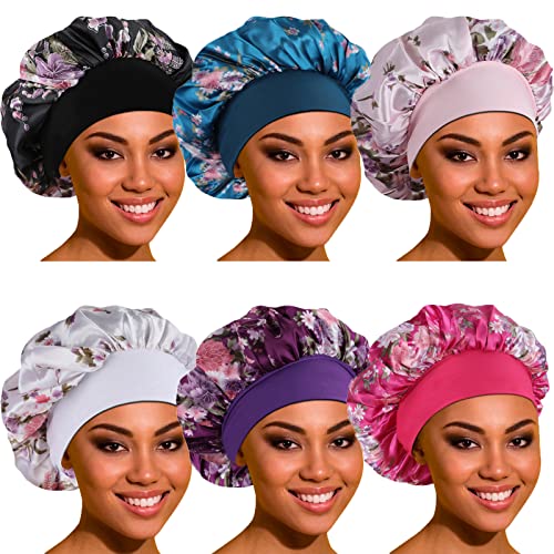 Satin Bonnet Silk Bonnet Hair Bonnet for Sleeping- 6 Pack Bonnets for Black Women with Wide Elastic Band for Curly Hair