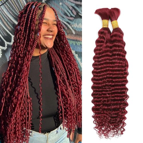 Human Braiding Hair 2 Bundles/Pack 100g Burgundy 99J Curly Deep Wave Human Bulk Hair for Braiding No Weft 10A Brazilian Virgin Human braiding Hair for Boho Braids Extensions (#99J, 16 inch)