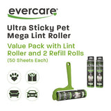 Evercare Ultra Sticky Pet Mega Lint Roller Value Pack with Lint Roller and 2 Refill Rolls, 50 Sheets Each