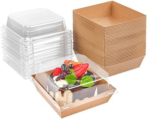 100 Pack Paper Charcuterie Boxes with Clear Lids, 4 Inches Brown Cookie Boxes Dessert Boxes Disposable Oil-Proof Food Containers for Sandwich, Cake Slice, Cupcake, Chocolate Covered Strawberry