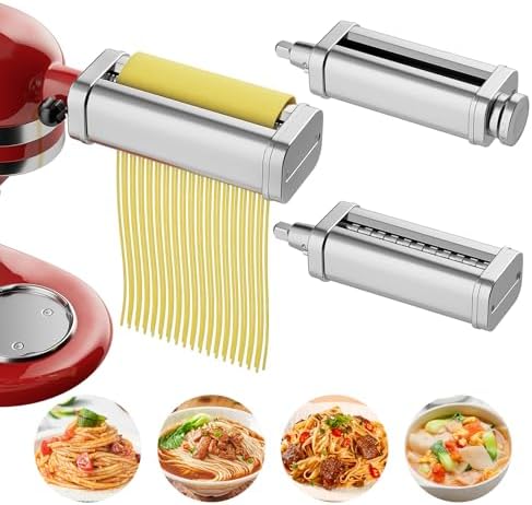 Pasta Attachment for KitchenAid Stand Mixers, Including Pasta Sheet Roller, Spaghetti Cutter and Fettuccine Cutter, 3-Piece Stainless Steel Kitchen Pasta Maker Aid by KERUYUNLA