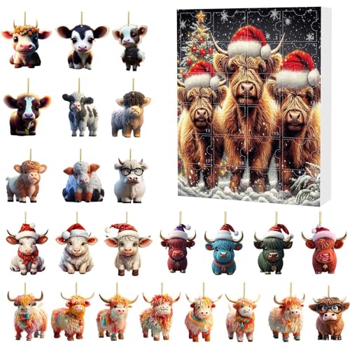 2024 Advent Countdown Calendar Highland Cow, 24 Days Of Christmas Vacation Advent Calendar Pendant, Christmas Tree Cartoon Cow Decorative Ornament, Christmas Collectible Set Gifts (Highland Cow-E)