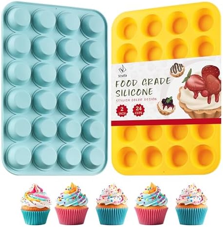 2PCS Silicone Mini Muffin Pan, 24 Cups Nonstick Mini Cupcake Pan for Baking, BPA Free and Dishwasher Safe, Great for Making Muffin Cakes, Tart, Bread and Egg Bites