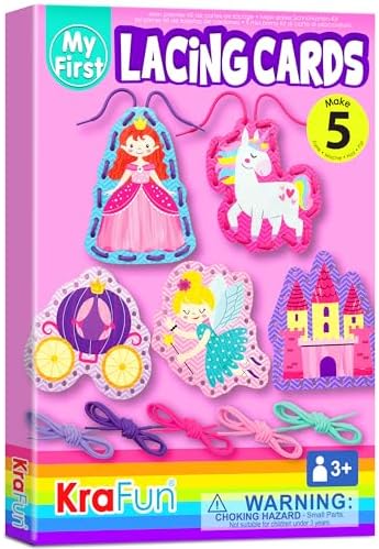 KRAFUN Beginner Unicorn My First Lacing Card Kit for Kids Arts & Crafts, 5 Easy Princess Lacing Projects, Lacing Cards for Toddlers, Fine Motor Preschool Skills Toys