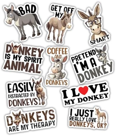 (10pcs) Donkey Stickers Donkey Lover Decals Funny Cute Mule Animal Lover Gifts Multiple Different Design Vinyl Stickers Waterproof UV- Resistant Suitable for Window Wall Water Bottle Laptop Car