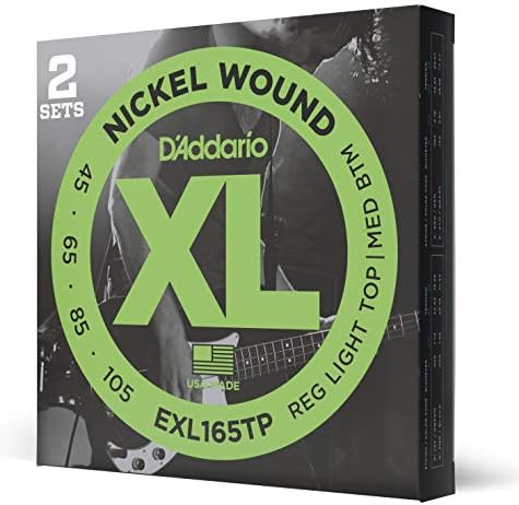 D'Addario Bass Guitar Strings - XL Nickel Bass Strings - EXL165TP - Perfect Intonation, Feel, Durability - For 4 String Bass Guitars - 45-105 Regular Light Top/Medium Bottom, Long Scale, 2-Pack