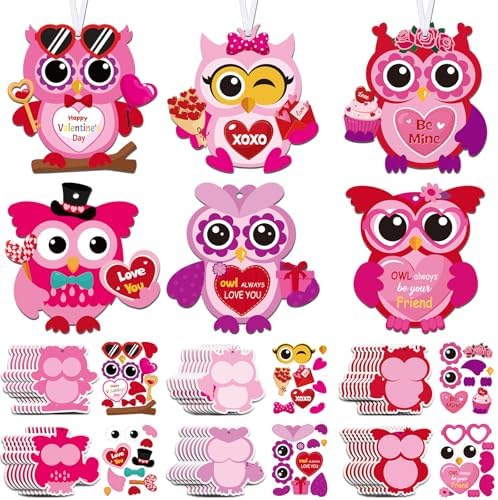 Chiisong 48 Pcs Valentine's Day Craft Kits DIY Valentine's Heart Craft Set Valentine's Heart Ornaments Kit Make Your Own Valentine's Hearts Craft for School Gift Home Classroom Game Activities(Owl)