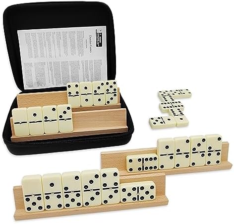 Dominoes Set Adults with 4 Wooden Racks/Trays Double Six Dominoes Travel Set with Portable Case Double 6 Dominoes Set with 4 Tiles Holders 28 Tiles Dominos Set Family Classic Board Games White