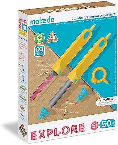Makedo Explore | Upcycled Cardboard Construction Toolkit in Small Toolbox (50 Pieces) | STEM + STEAM Educational Toys for at Home Play + Classroom Learning | Reusable Tools for Boys and Girls Age 5+