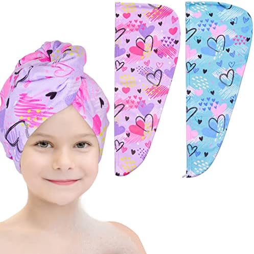 Basumee Microfiber Hair Towel Wrap for Kids 2 Pack Rapid Drying Hair Towel with Button Hair Turbans for Wet Hair Wraps Head Towel Wrap for Women and Girls, Blue and Purple Love