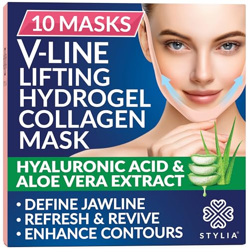 Stylia V-Line Lifting Collagen Face Mask with Hyaluronic Acid & Aloe Vera - Spa Quality Double Chin Strap - Collagen Mask for Women - Jawline Shaper Face Lift Tape - Chin Strap for Sleeping - 10PC