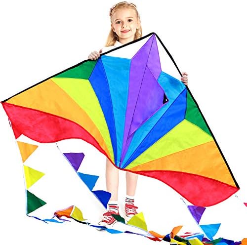 HONBO Large Delta Kite for Kids & Adults,Extremely Easy to Fly Kite for Beach Trip,String Line Included,with Colorful Tail,Perfect for Beginners