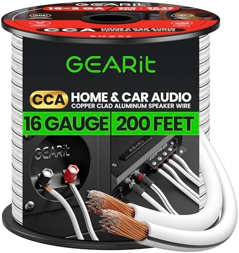 16AWG Speaker Wire, GearIT Pro Series 16 Gauge Speaker Wire Cable (200 Feet / 60.96 Meters) Great Use for Home Theater Speakers and Car Speakers, White