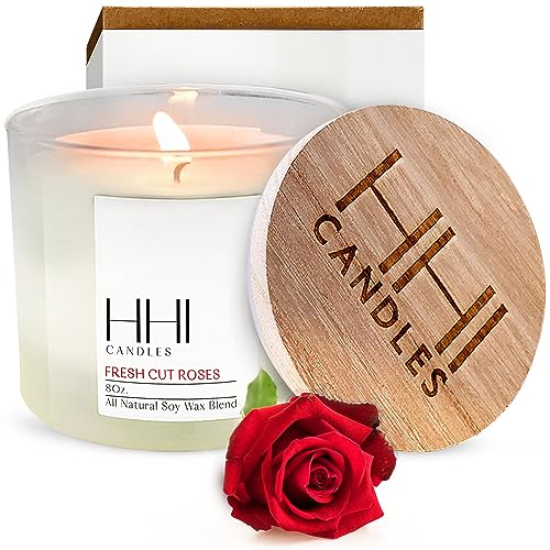 Rose Candle | Rose Scented Candles All-Natural Soy Candle | Fresh Cut Roses | Transports You to Your Rose Garden | Large 8 Ounce one Wick Candle | Includes Bamboo Lid and Gift Box | HHI Candles