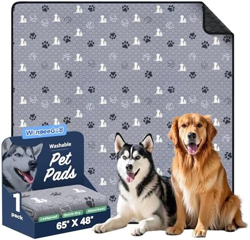 Washable Pee Pads for Dogs, Extra Large Dog Mat, Absorbent Reusable Training Dog Pads Pet Puppy Pads, Non-Slip Potty Pads for Whelping, Playpen, Crate, Bed, Grey 65"x48"