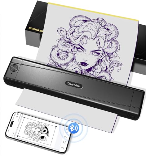 Tattoo Stencil Printer with 10pcs Transfer Paper, Wireless Thermal Tattoo Transfer Printer, Bluetooth Portable Tattoo Kit Machine for Beginners & Artists Compatible with Smartphone & Pad