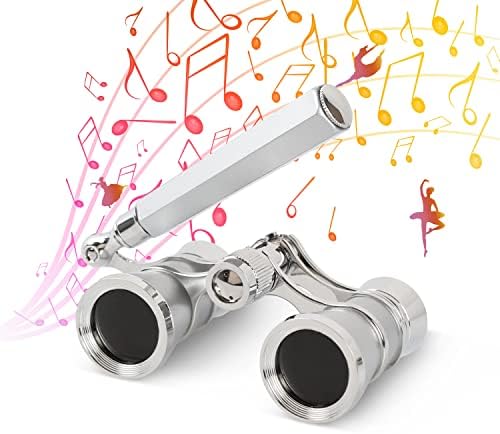 Aomekie Opera Glasses Binoculars 3X25 Lorgnette Theater Glasses Mini Binocular Compact with Handle for Adults Kids Women in Musical Concert（Silver）