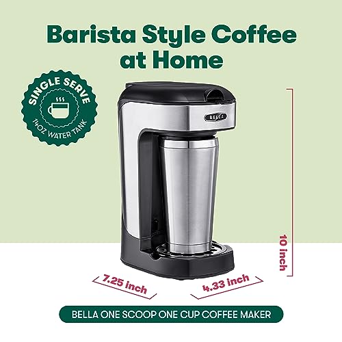 BELLA One Scoop One Cup Coffee Maker, Single Serve Brewer with Adjustable Drip Tray and Permanent Filter, Dishwasher Safe, Stainless Steel and Black